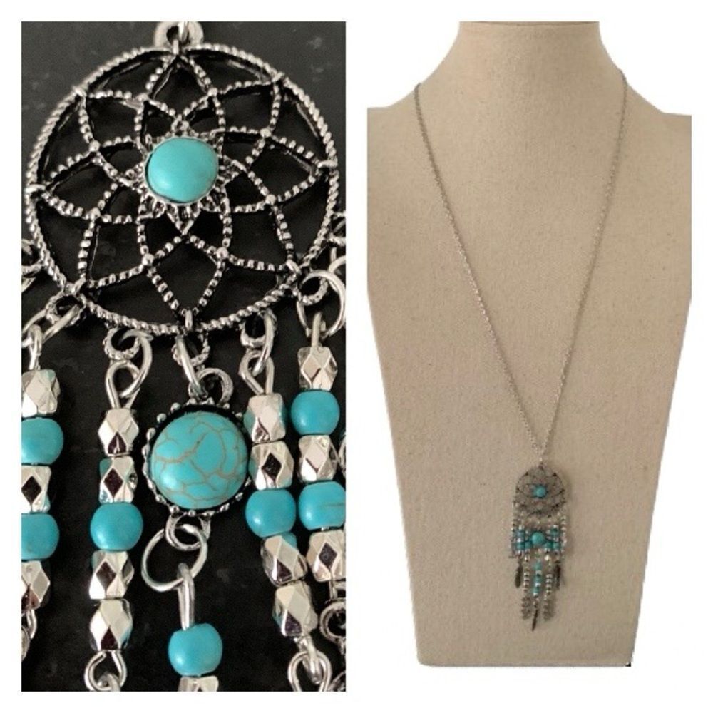 Turquoise & Feather Dreamcatcher Silver Tone Tassel Pendant Long Necklace NEW